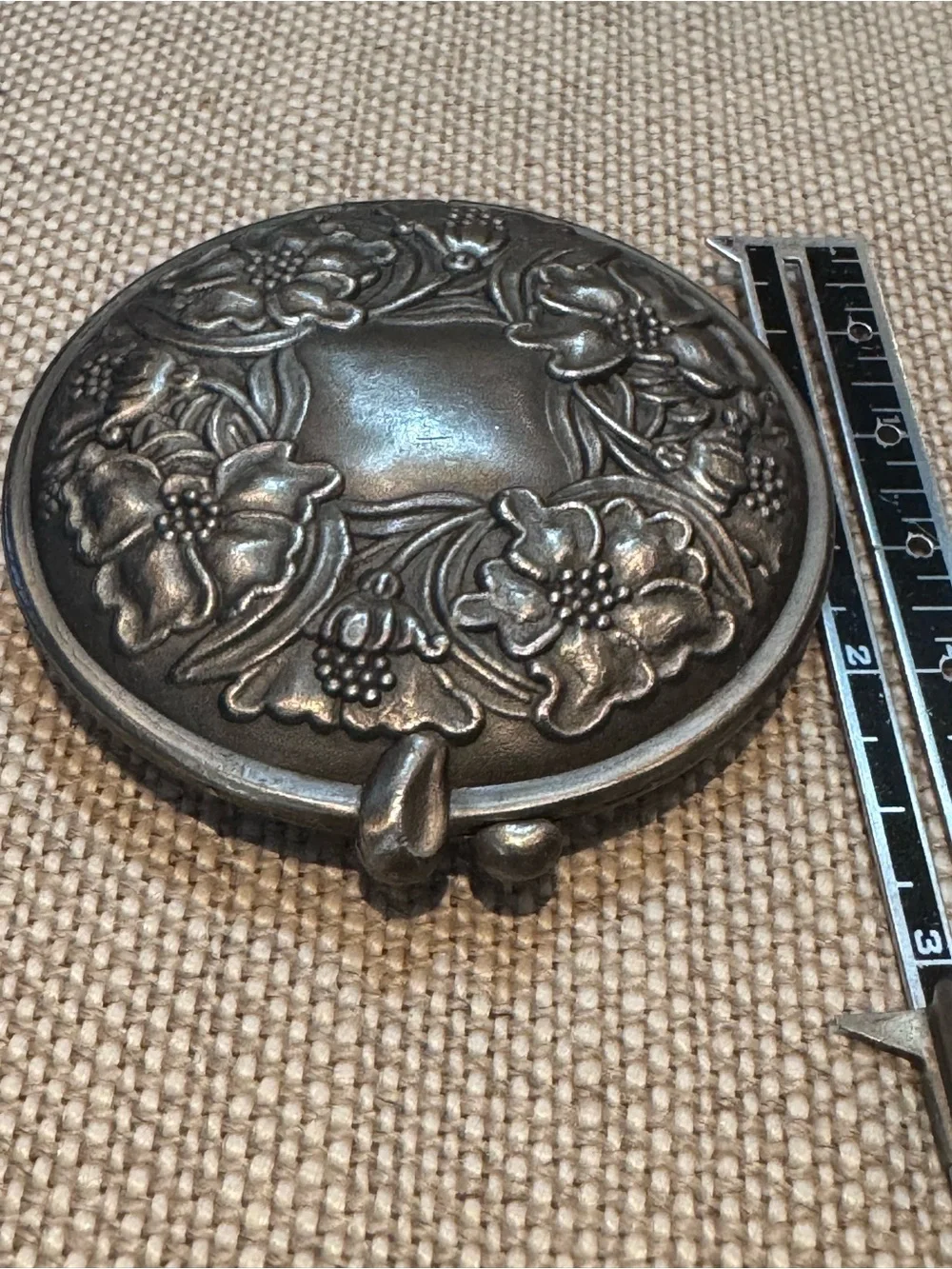 Ornate round silver color antique purse mirror